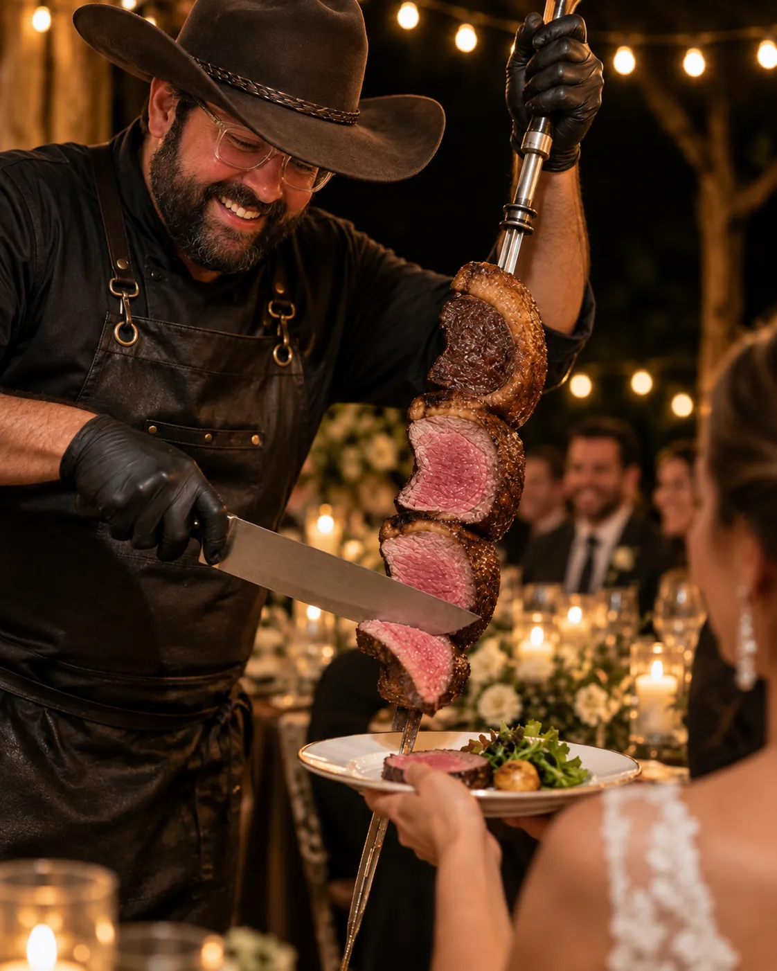 Renato fatiando picanha na mesa numa festa de casamento